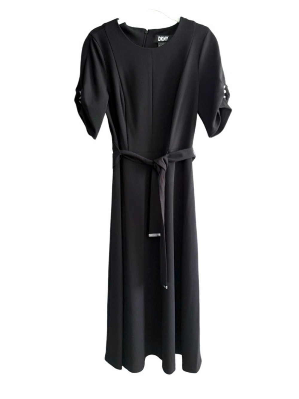 Dkny Ruched Sleeve Midi Dress Belted A-line Stretch Crepe Black Size 4